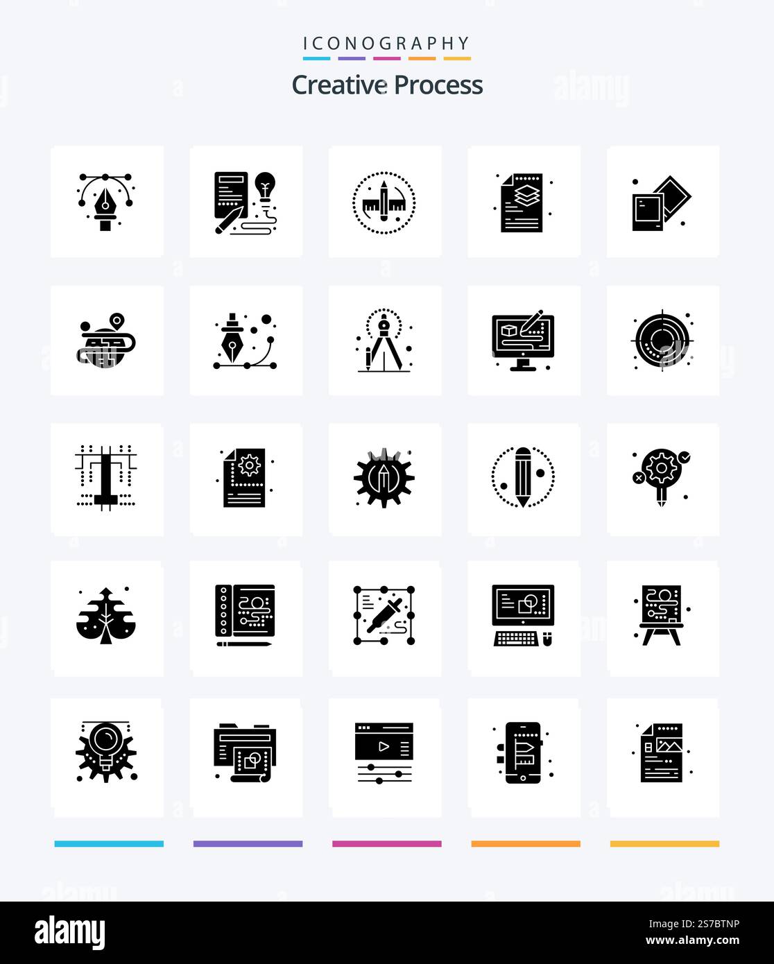 Creative Creative Process 25 Glyph Solid Black icon pack  Such As creative. file. process. process. tool Stock Vector