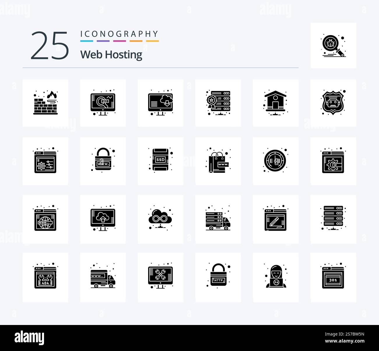 Web Hosting 25 Solid Glyph icon pack including . home page. computer. home. star Stock Vector