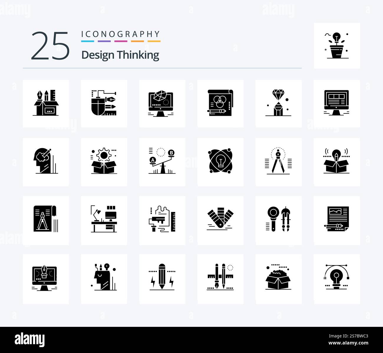 Design Thinking 25 Solid Glyph icon pack including pen. card. pencil. color. modeling Stock Vector