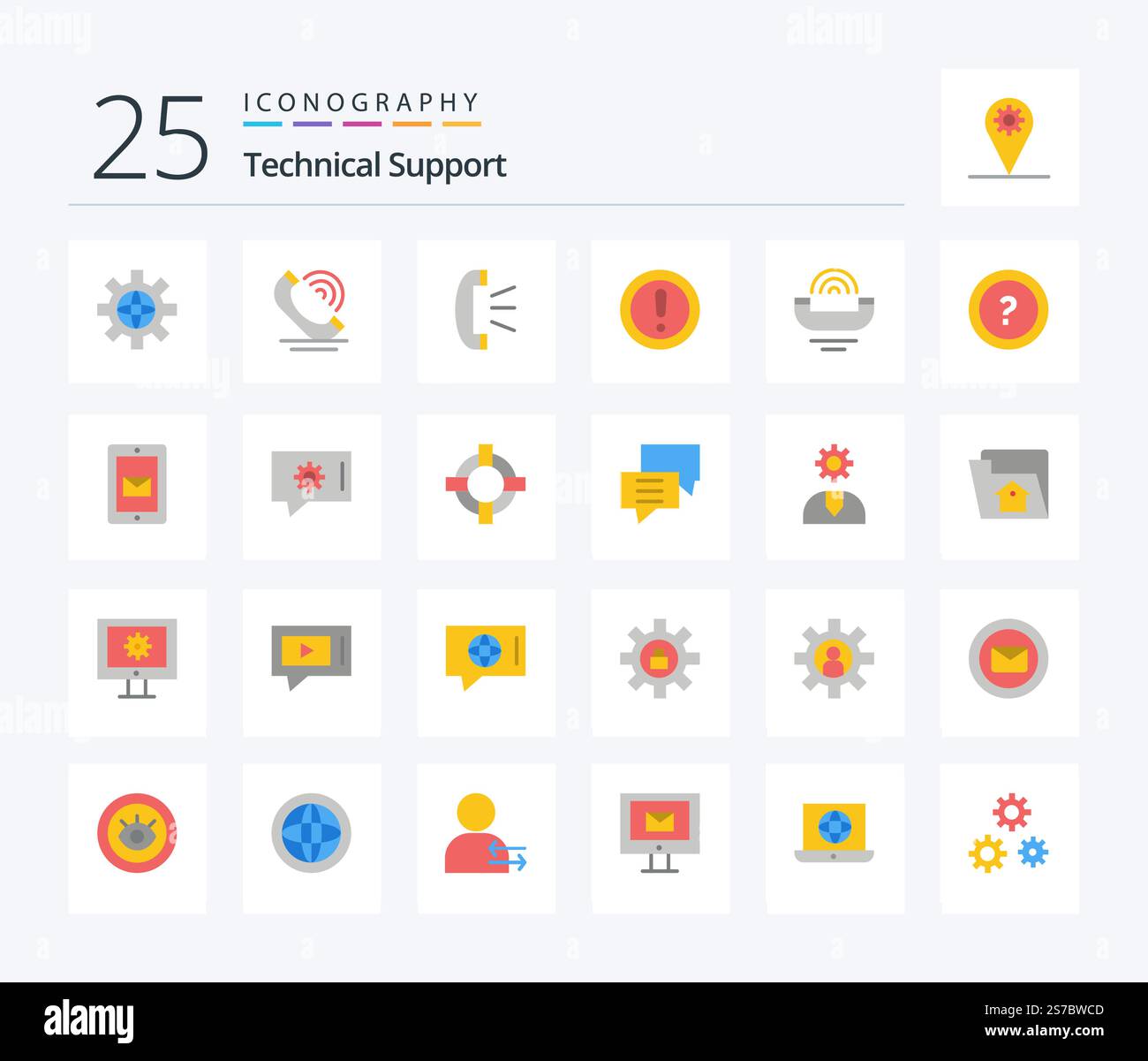 Technical Support 25 Flat Color icon pack including device. question. answer. note. about Stock Vector