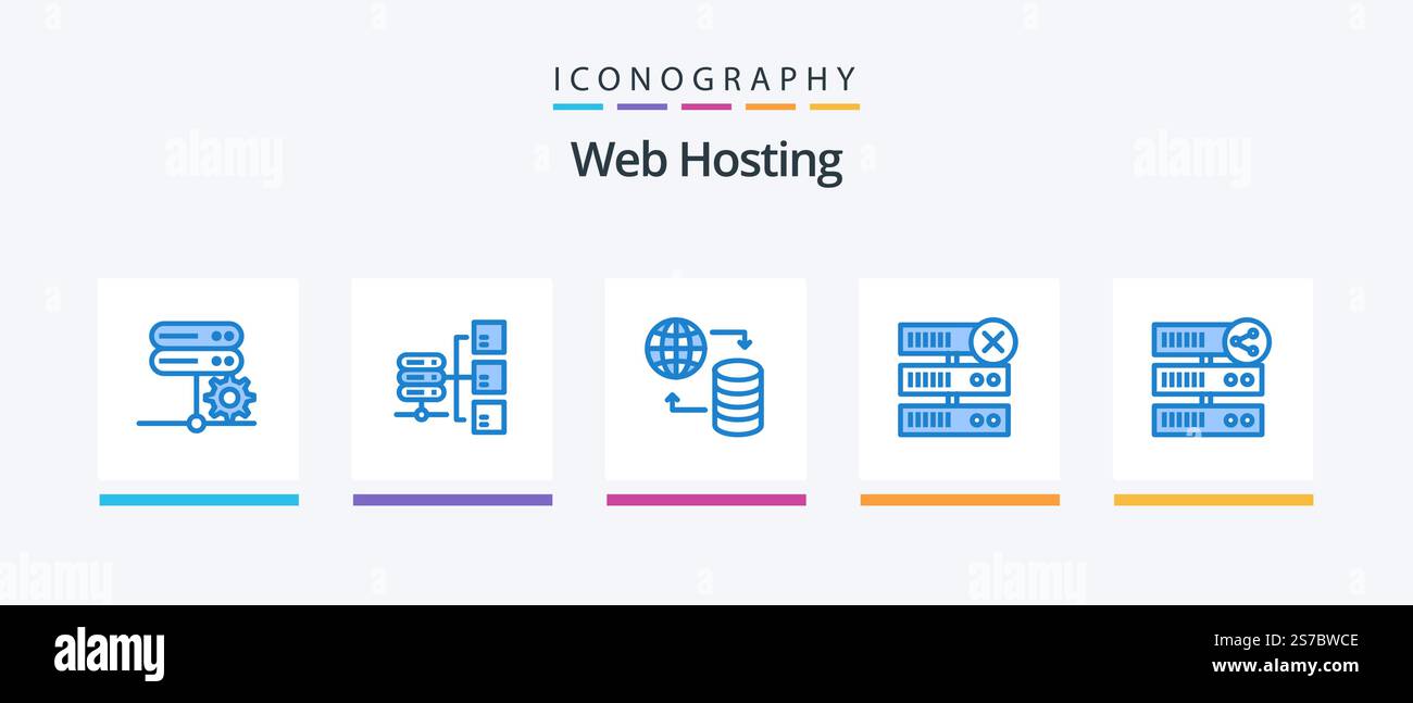 Web Hosting Blue 5 Icon Pack Including network. hosting. hosting. server. database. Creative Icons Design Stock Vector