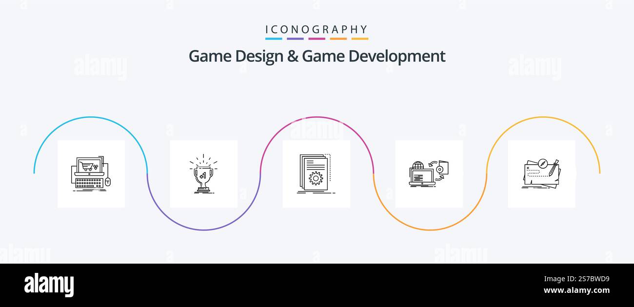 Game Design And Game Development Line 5 Icon Pack Including game. disc. prize. script. developer Stock Vector