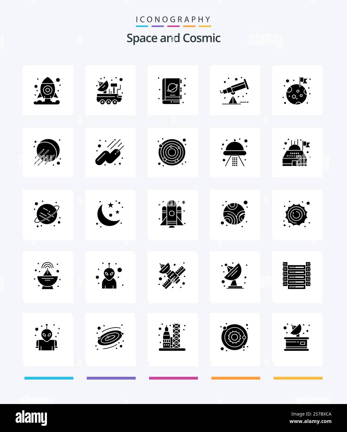 Creative Space 25 Glyph Solid Black icon pack  Such As moon. telescope. book. space. space Stock Vector