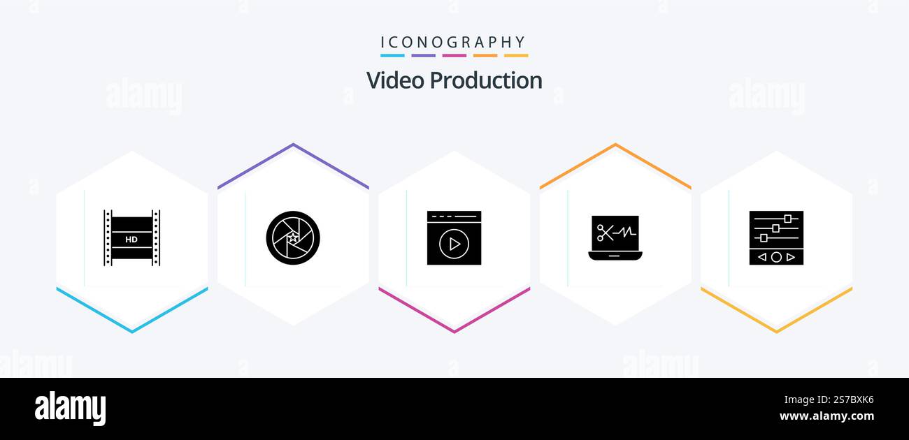 Video Production 25 Glyph icon pack including digital audio editor. audio editing. superhero. watch video. touch play Stock Vector