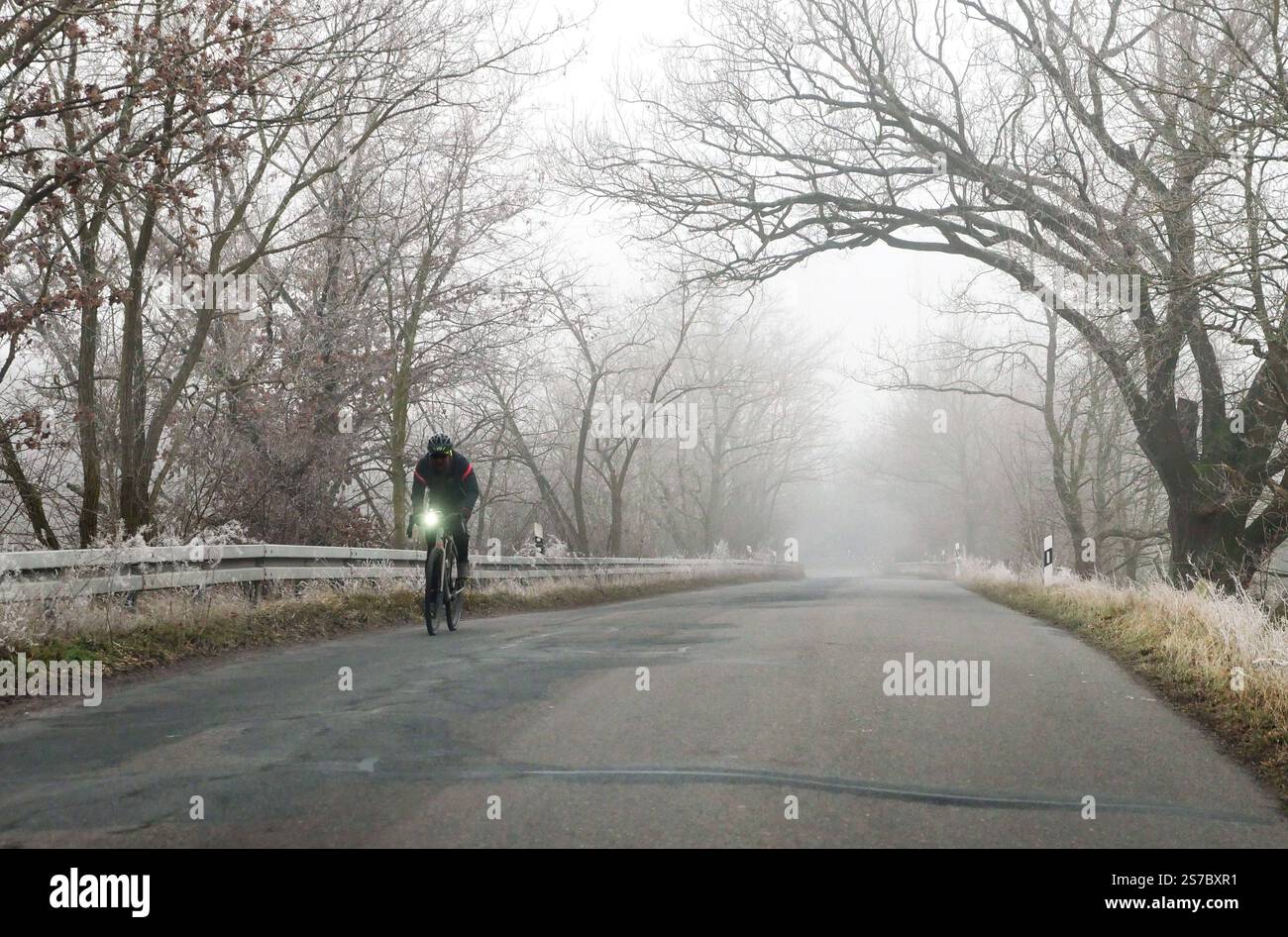 18.01.2025, Berlin Deutschland. Nebel bestimmt das Wetter, Radfahrer
