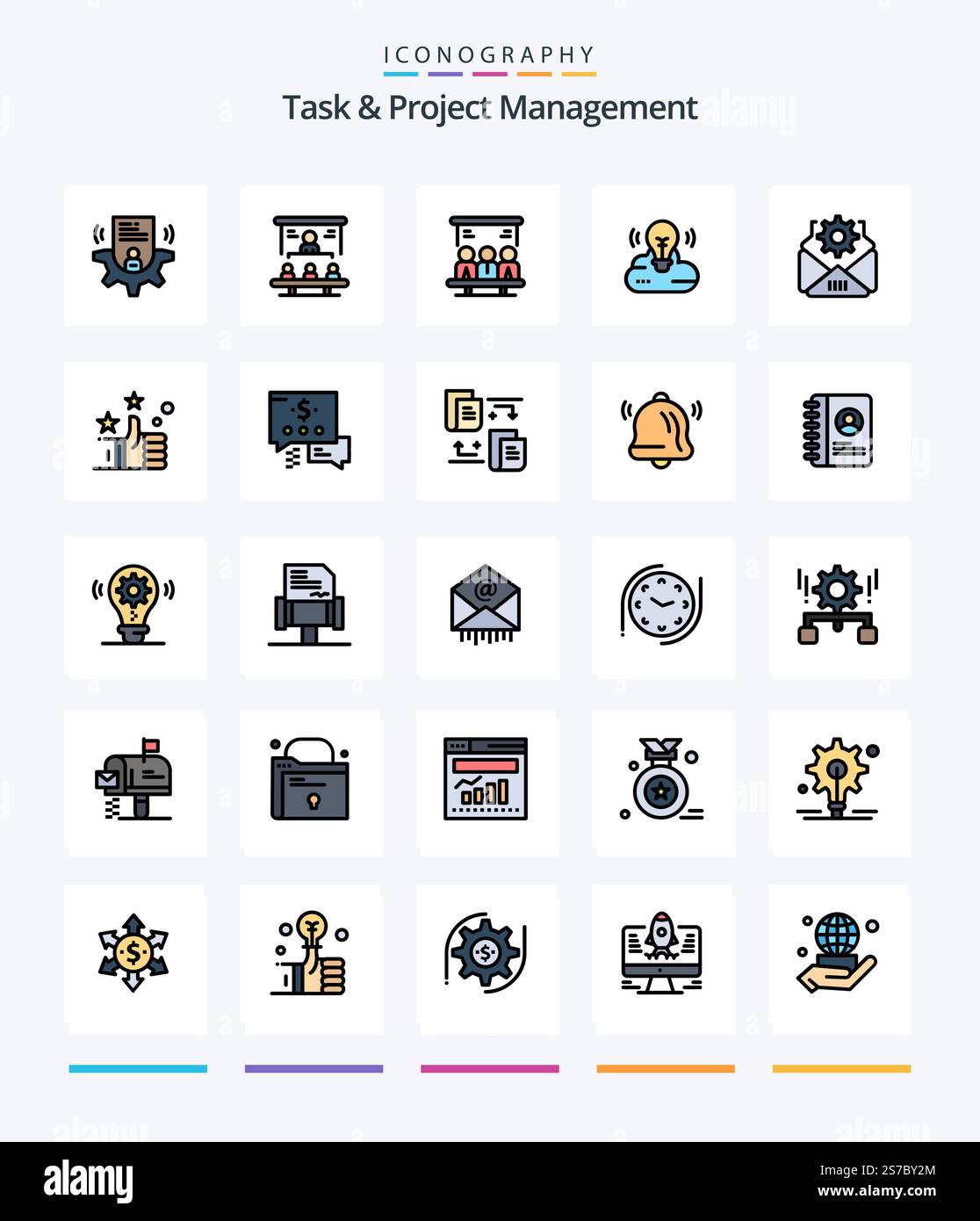 Creative Task And Project Management 25 Line FIlled icon pack  Such As mail. cloud creative. projector. campaign. user Stock Vector