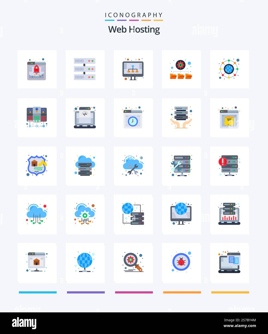 Creative Web Hosting 25 Flat icon pack  Such As database server. hierarchy. hosting. connection. folders Stock Vector