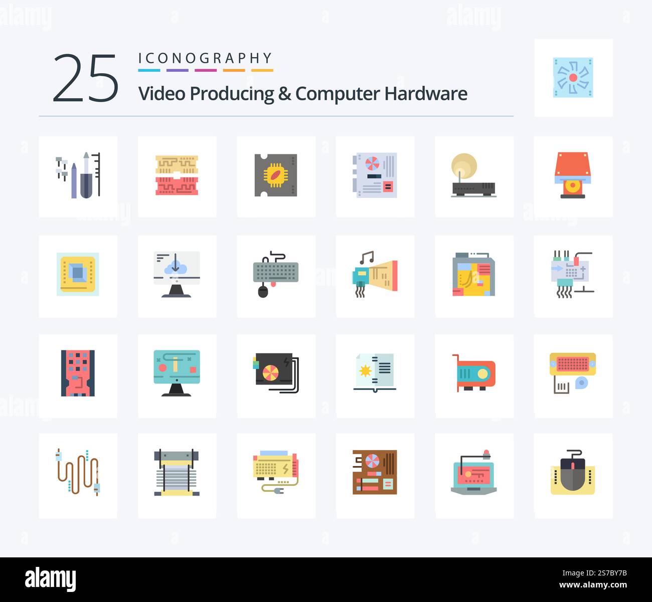 Video Producing And Computer Hardware 25 Flat Color icon pack including connection. mother. cpu. mainboard. computer Stock Vector