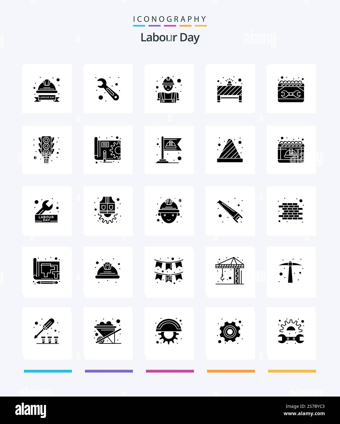 Creative Labour Day 25 Glyph Solid Black icon pack  Such As construction. red light. builder. stop. board Stock Vector