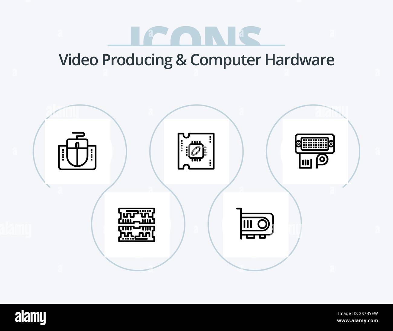 Video Producing And Computer Hardware Line Icon Pack 5 Icon Design. computer. box. key. atx. processor Stock Vector
