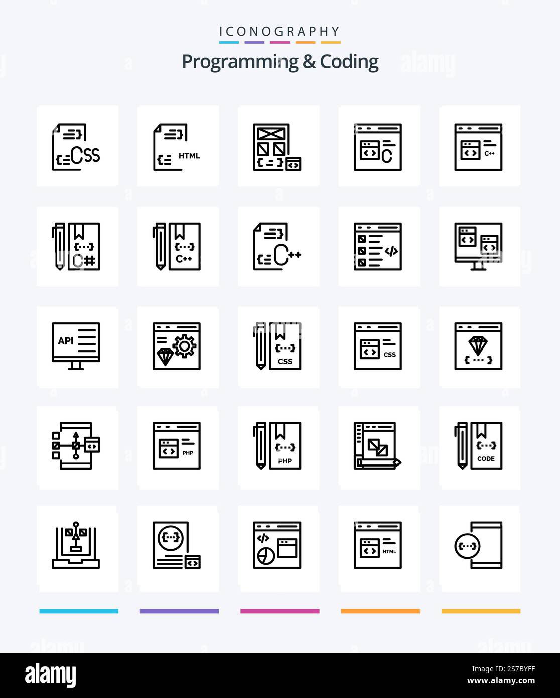 Creative Programming And Coding 25 OutLine icon pack  Such As coding. c. file. page. develop Stock Vector
