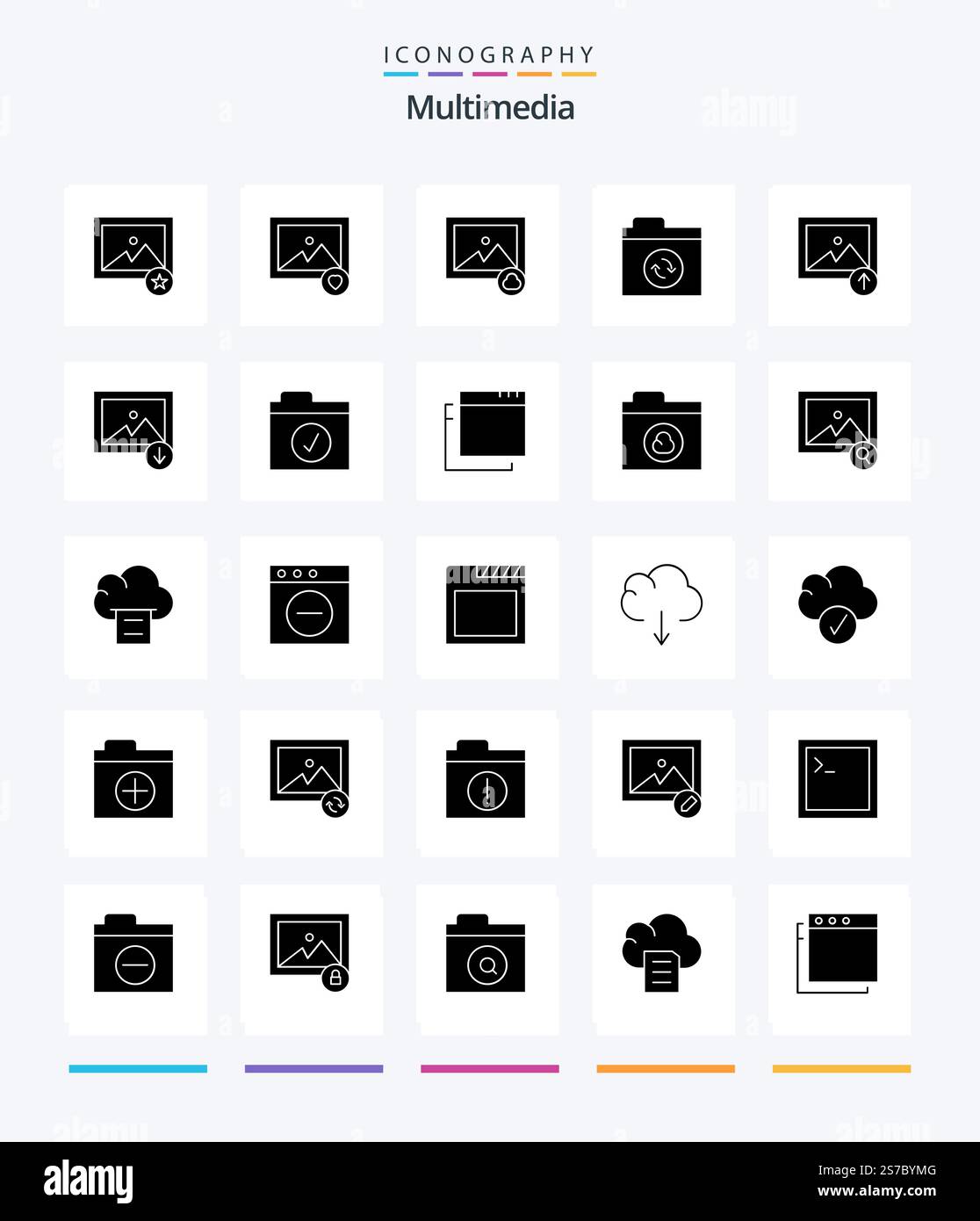 Creative Multimedia 25 Glyph Solid Black icon pack  Such As selected. complete. sync. mountain. download Stock Vector