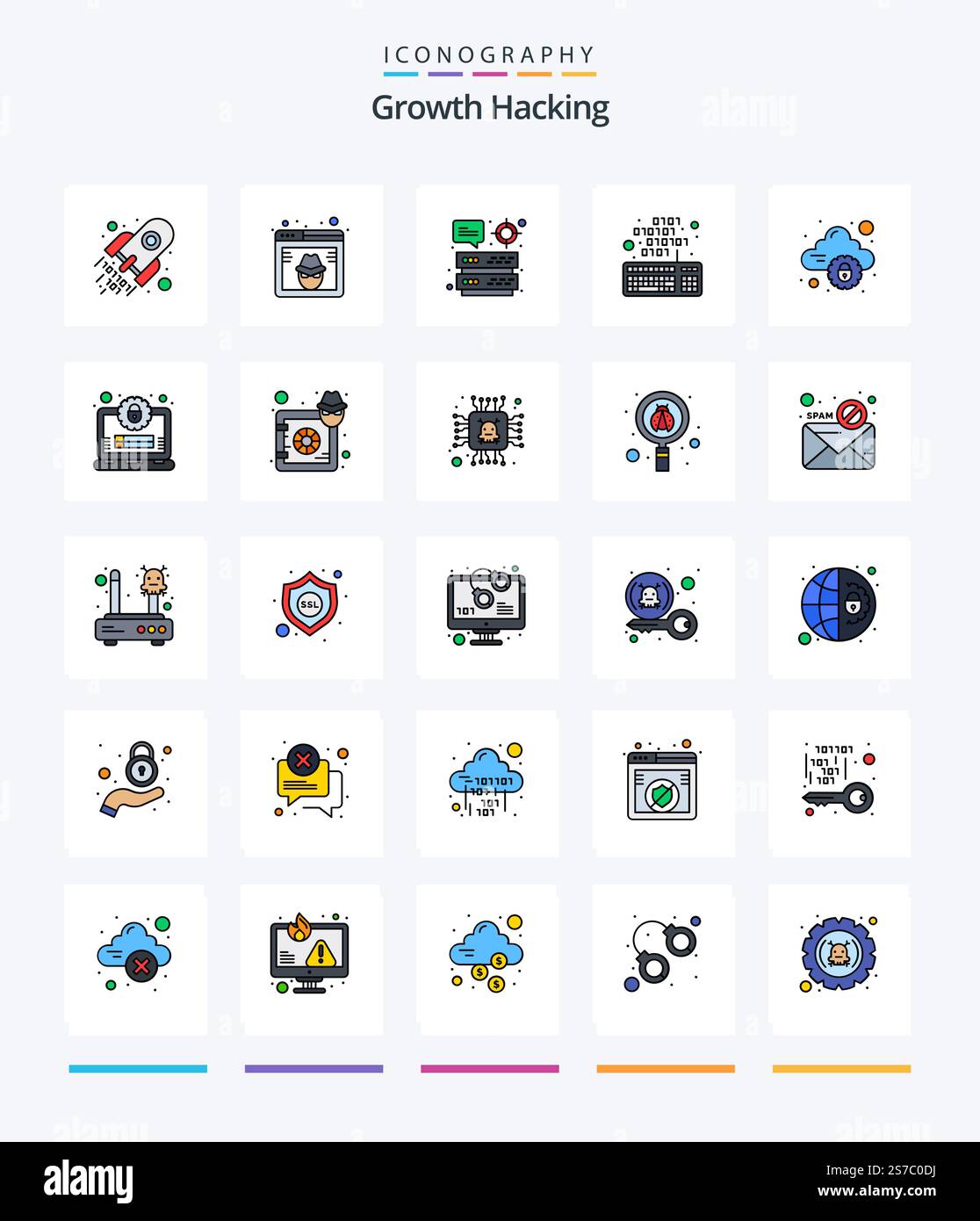 Creative Hacking 25 Line FIlled icon pack  Such As cloud. keypad. website. keyboard. target Stock Vector