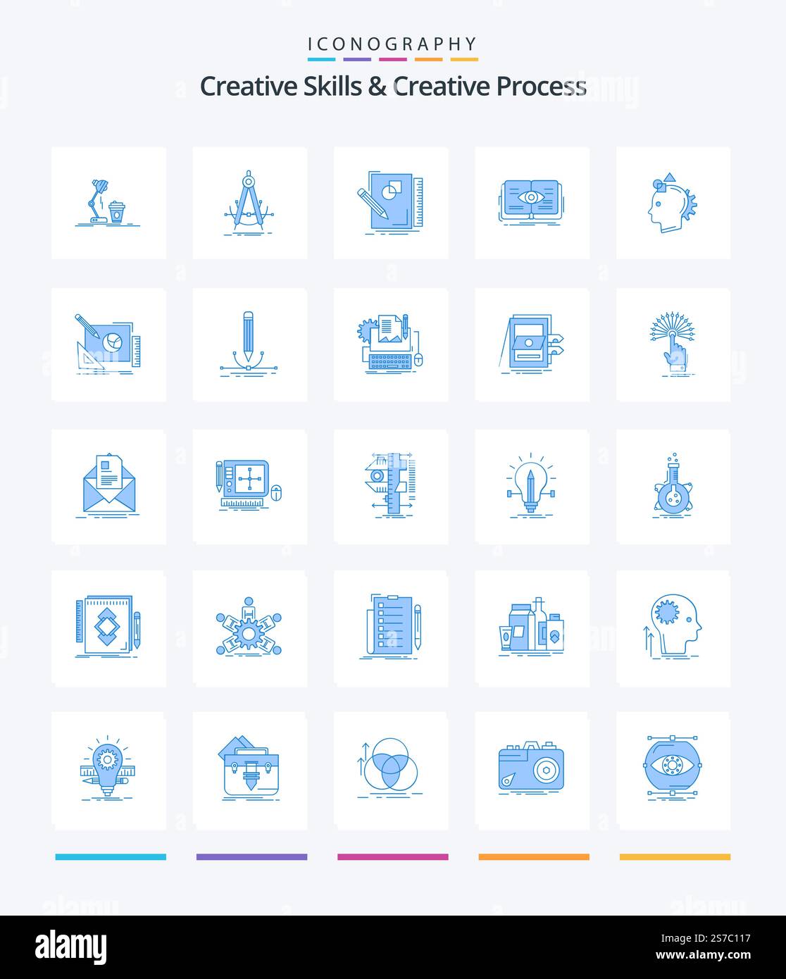 Creative Creative Skills And Creative Process 25 Blue icon pack  Such As eye. knowledge. compass. geometry. design Stock Vector