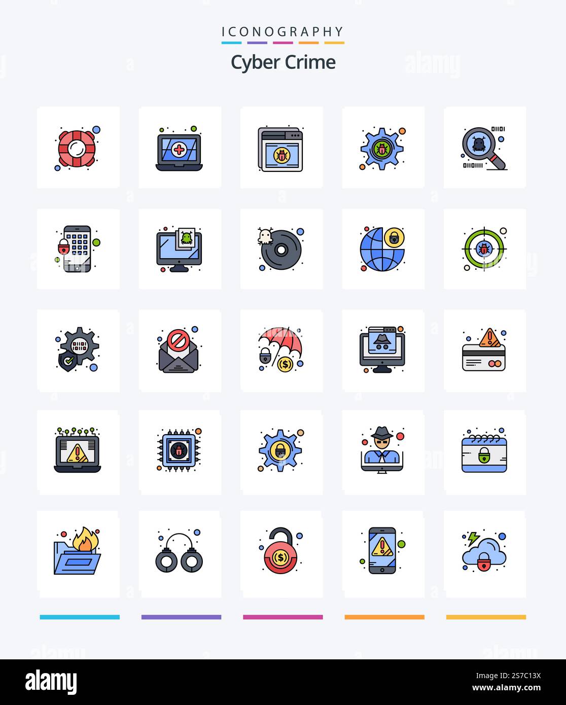Creative Cyber Crime 25 Line FIlled icon pack  Such As encryption. spy ware. shield. . hacker Stock Vector