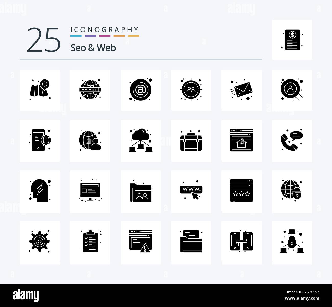 Seo & Web 25 Solid Glyph icon pack including mail. user. at. target. man Stock Vector