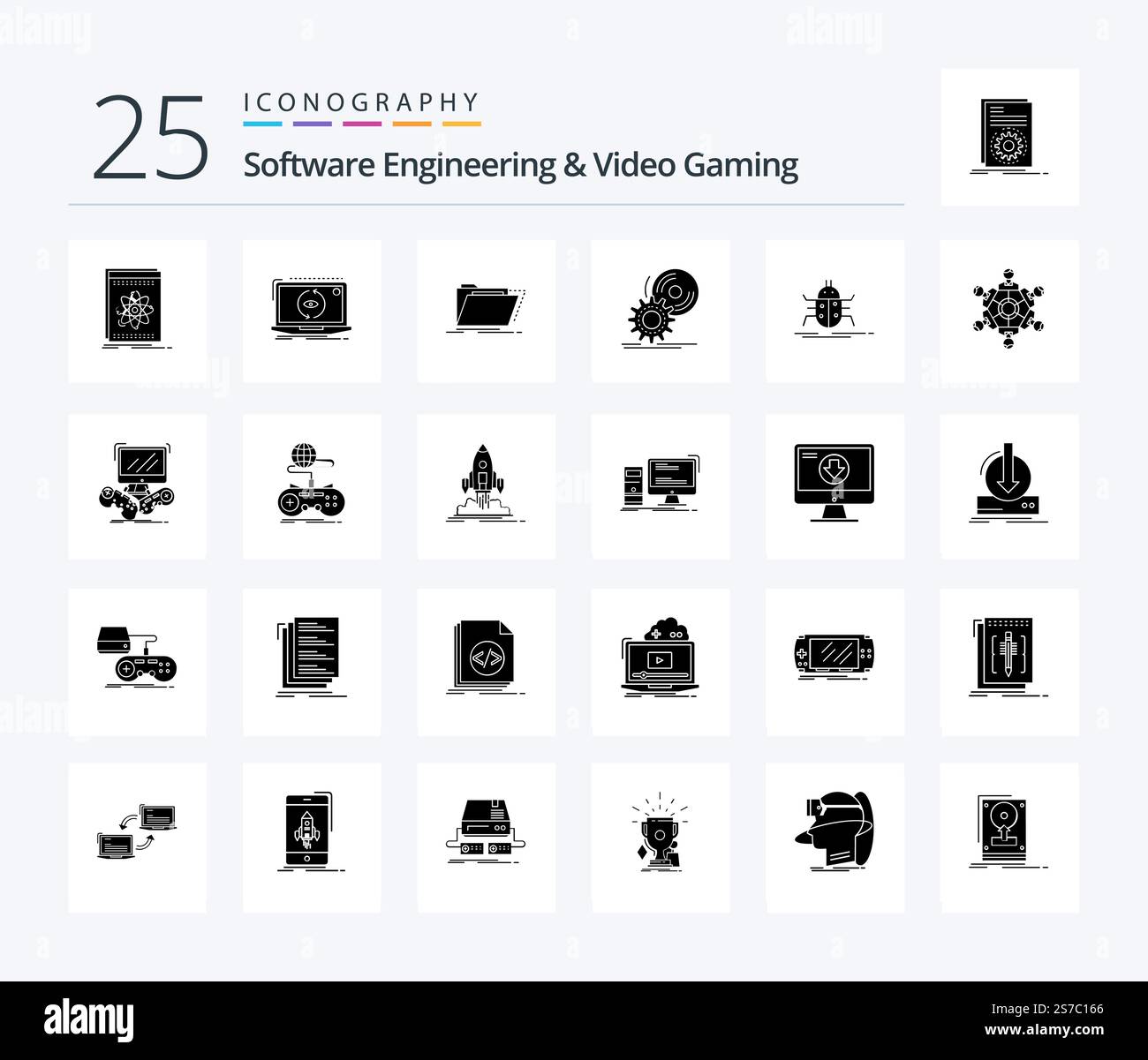 Software Engineering And Video Gaming 25 Solid Glyph icon pack including install. cd. software. folder. directory Stock Vector