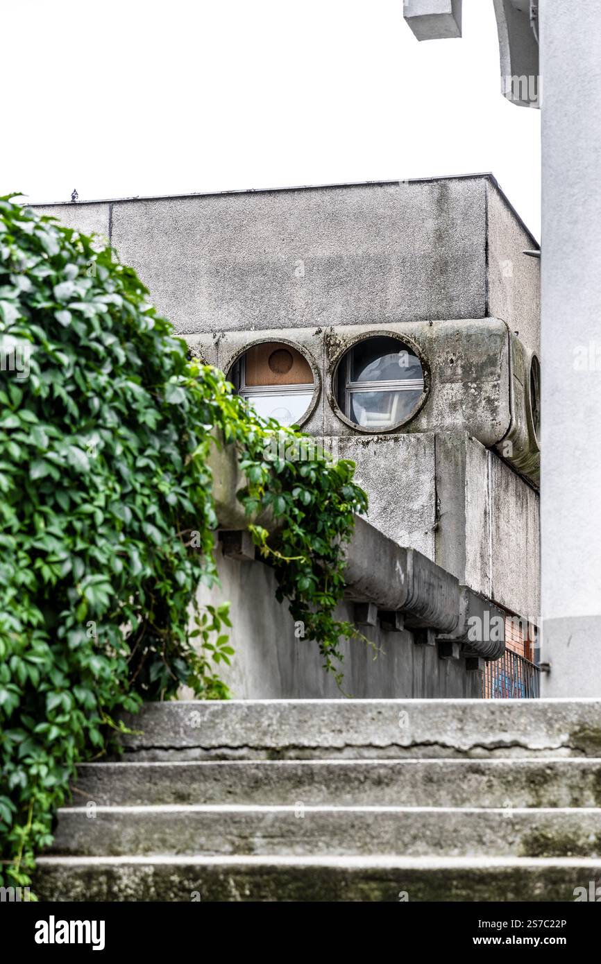 Porthole style windows at Wroc?awski Manhattan 1970s brutalist residential complex, Wroclaw, Poland Stock Photo