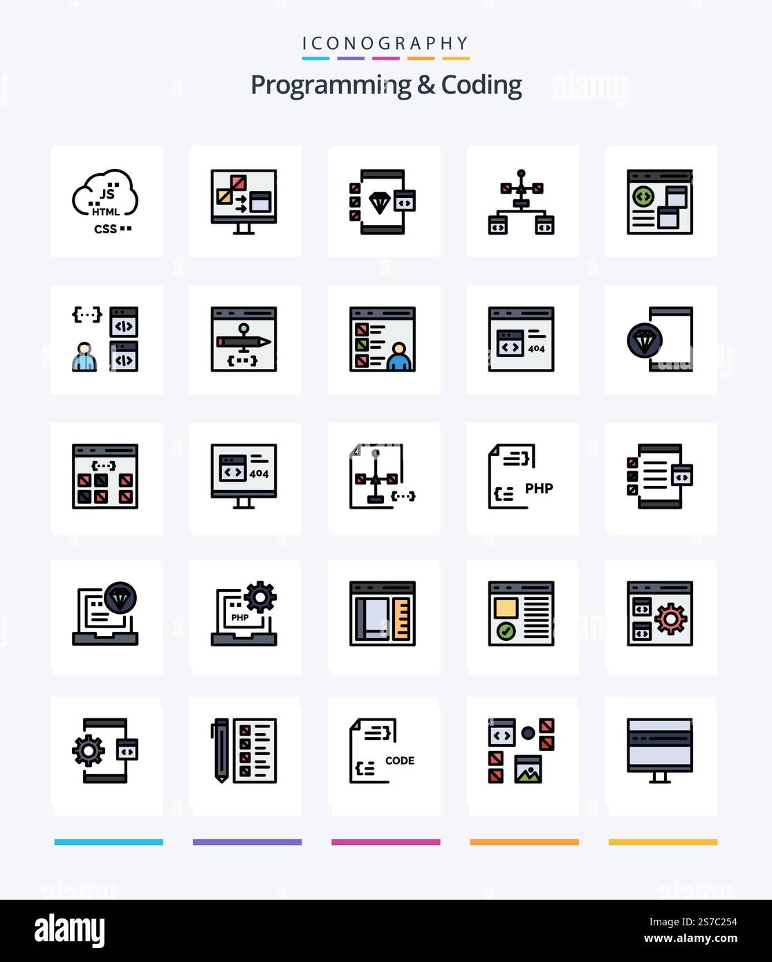 Creative Programming And Coding 25 Line FIlled icon pack  Such As develop. app. develop. development. coding Stock Vector