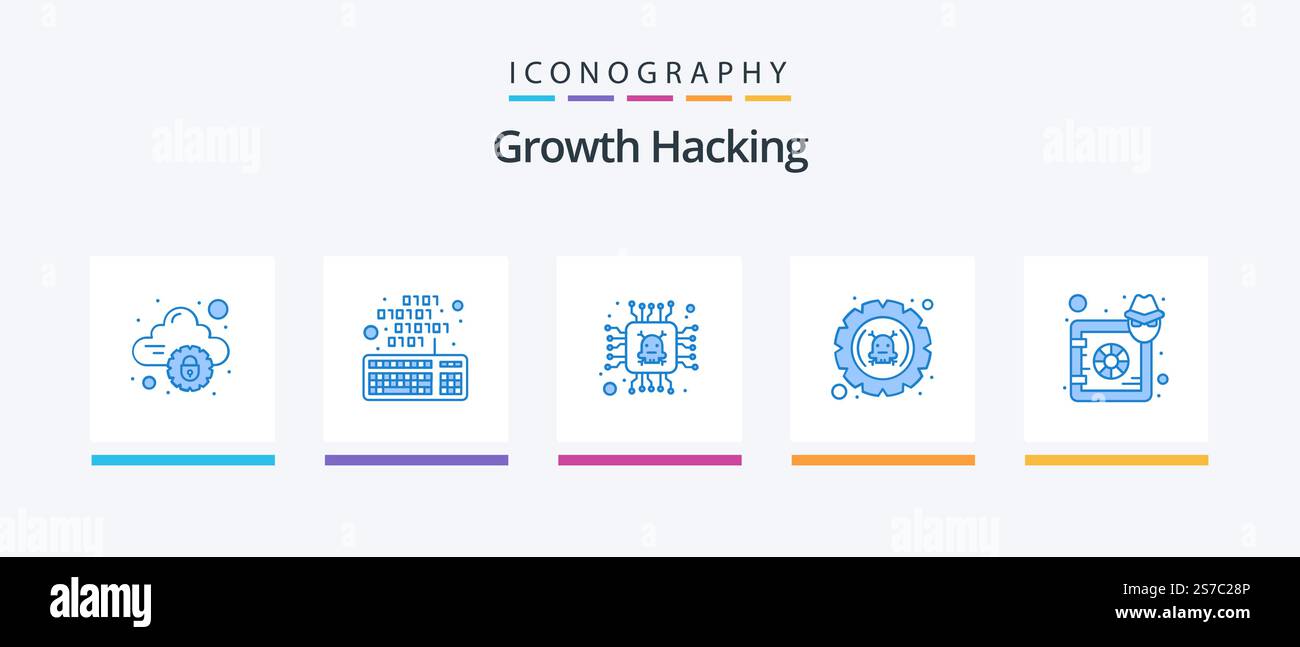 Hacking Blue 5 Icon Pack Including box. hack. chip. error. bug. Creative Icons Design Stock Vector