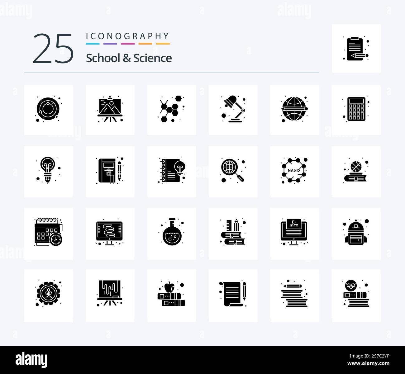 School And Science 25 Solid Glyph icon pack including global. atom. study lamp. lamp Stock Vector
