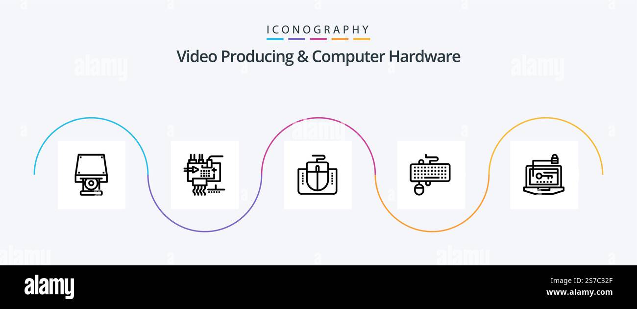 Video Producing And Computer Hardware Line 5 Icon Pack Including obsolete. keyboard. parts. interface. computer Stock Vector