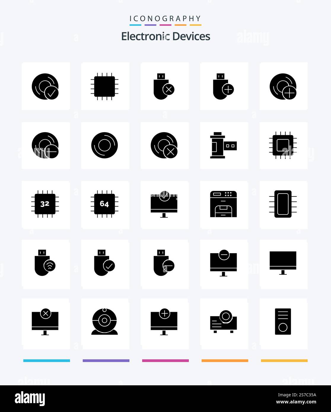 Creative Devices 25 Glyph Solid Black icon pack  Such As devices. add. gadget. stick. hardware Stock Vector
