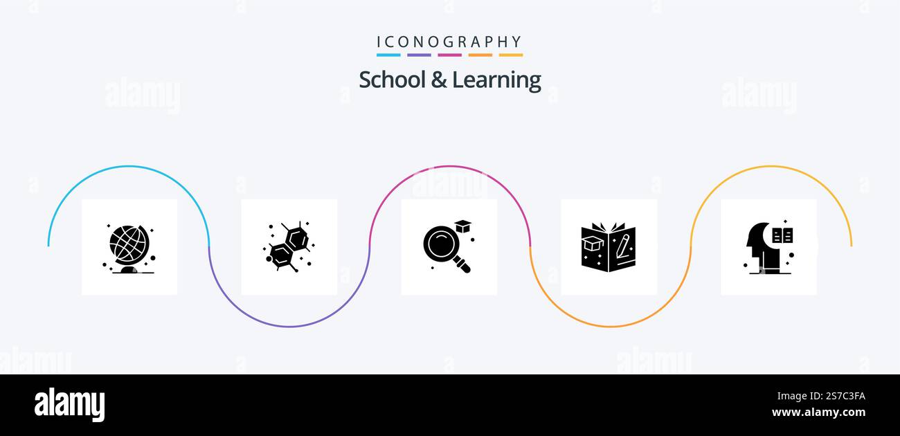 School And Learning Glyph 5 Icon Pack Including . knowledge. graduation. hemisphere. brain Stock Vector