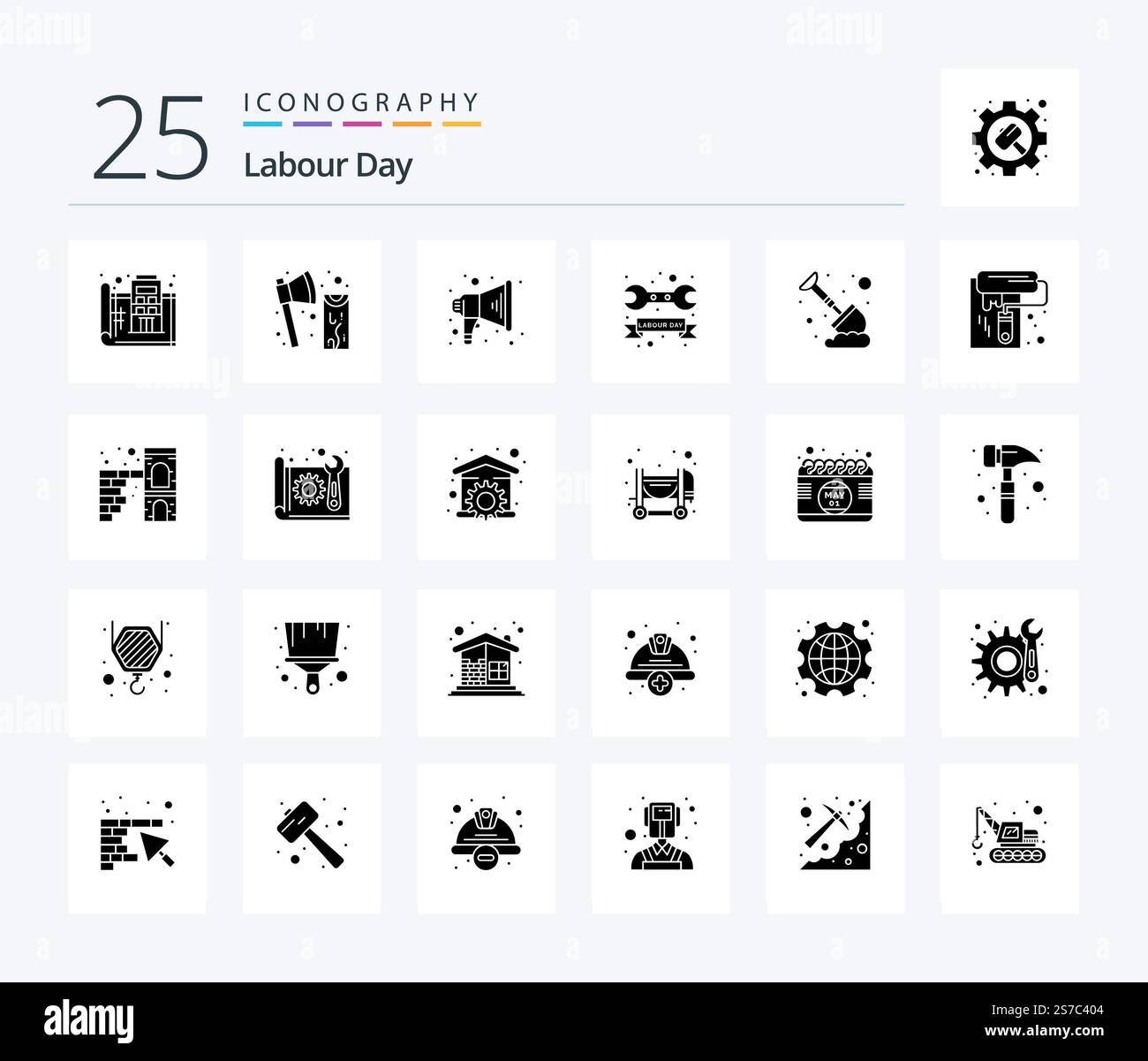 Labour Day 25 Solid Glyph icon pack including day. tool. tool. repair. speaker Stock Vector