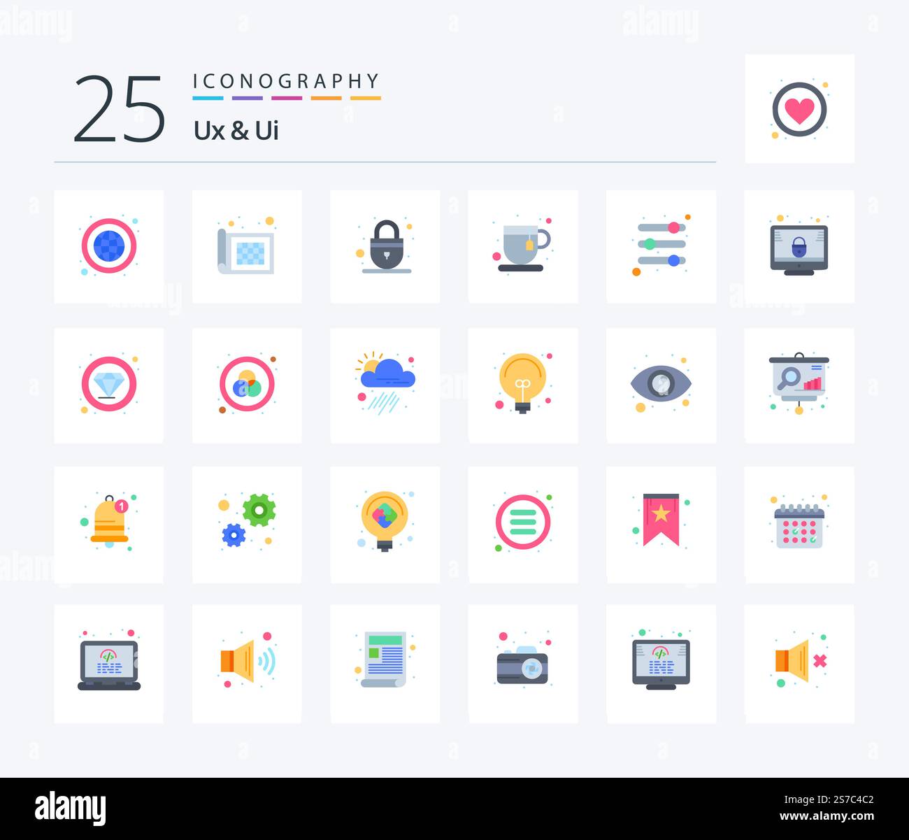 Ux And Ui 25 Flat Color icon pack including parameters. options. padlock. tea time. refreshment Stock Vector