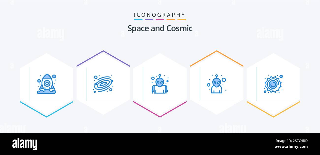 Space 25 Blue icon pack including . space. space. planet. sun Stock Vector