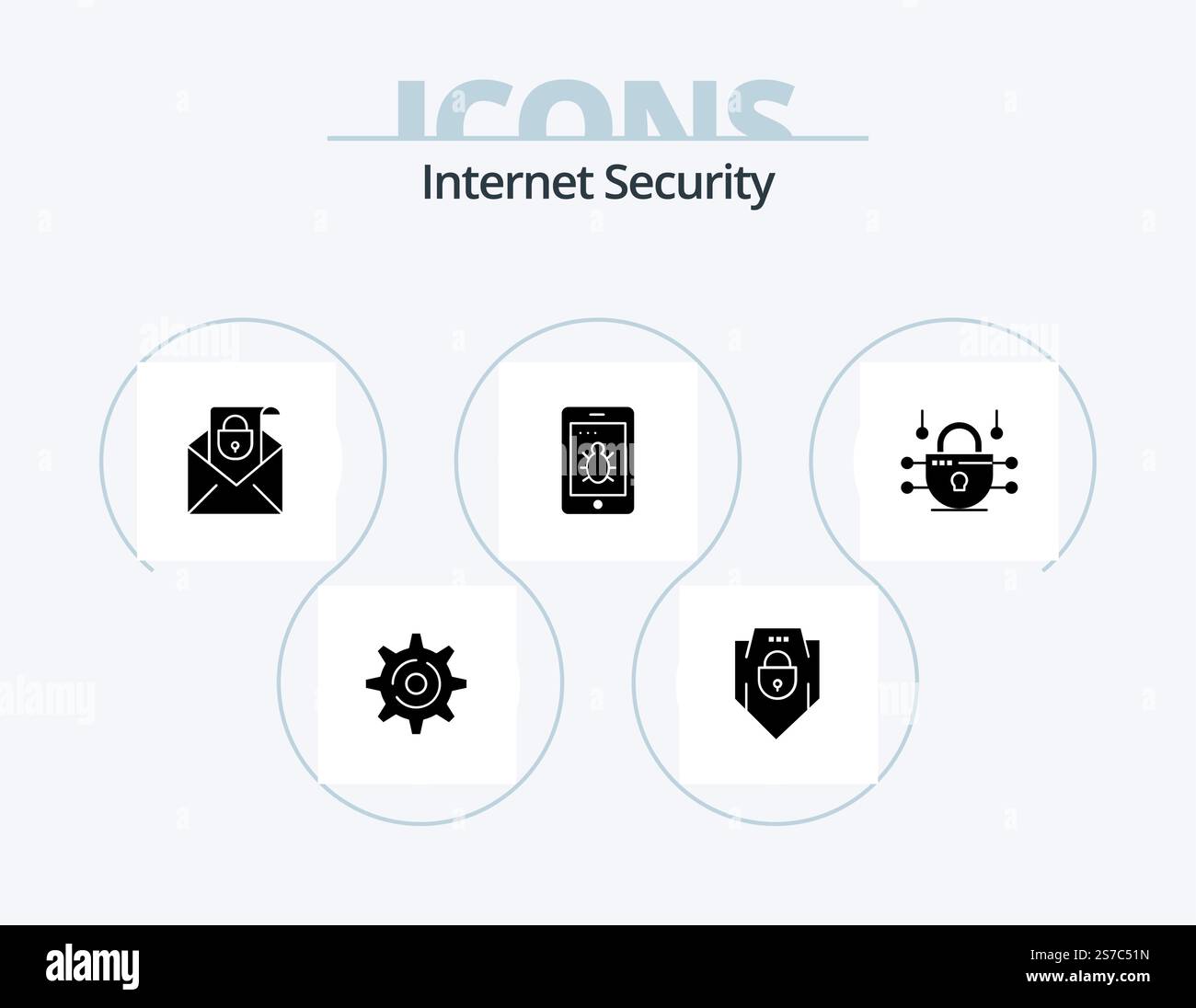 Internet Security Glyph Icon Pack 5 Icon Design. network security. internet. mail. bug. mobile Stock Vector