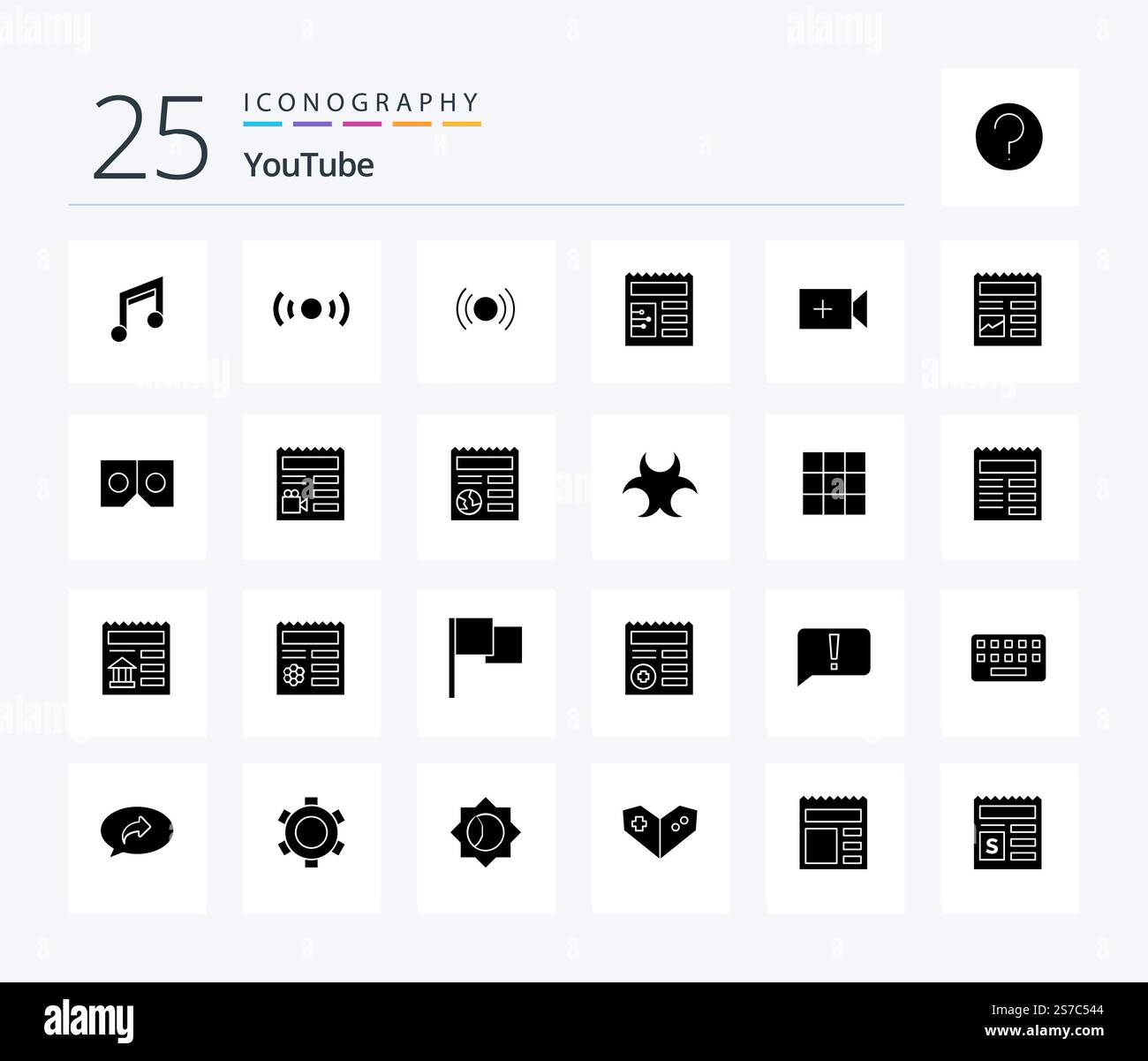 Youtube 25 Solid Glyph icon pack including basic. ui. ui. camera. ui Stock Vector