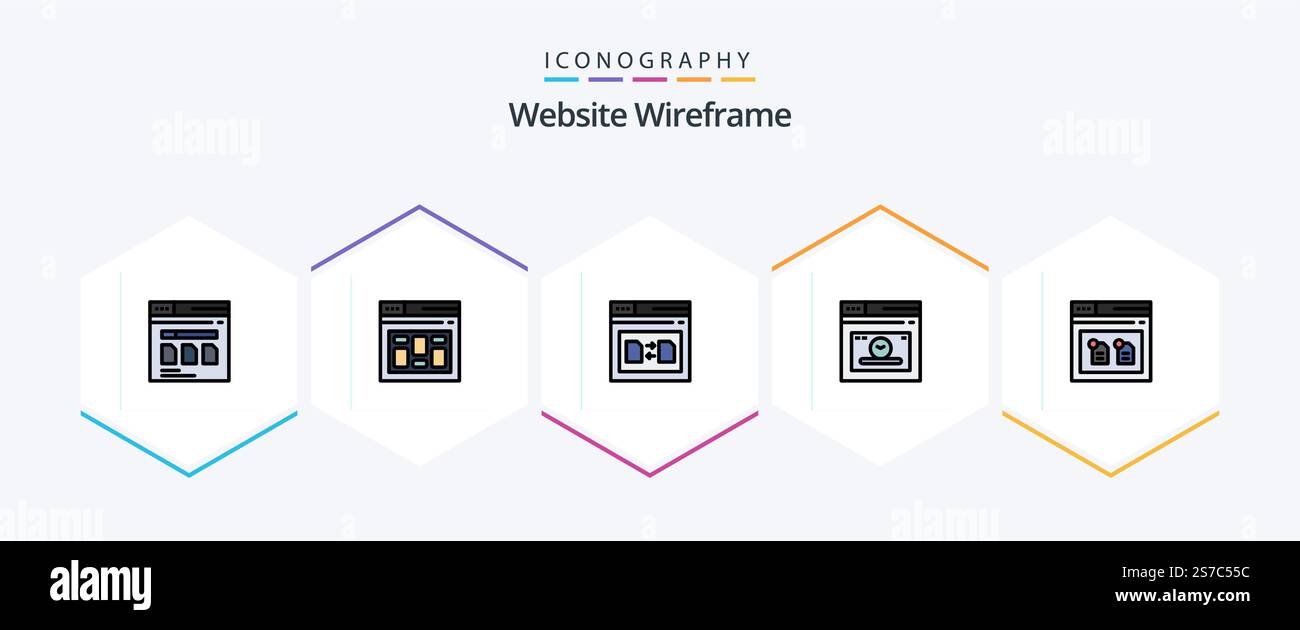Website Wireframe 25 FilledLine icon pack including time. page. page. web. file Stock Vector