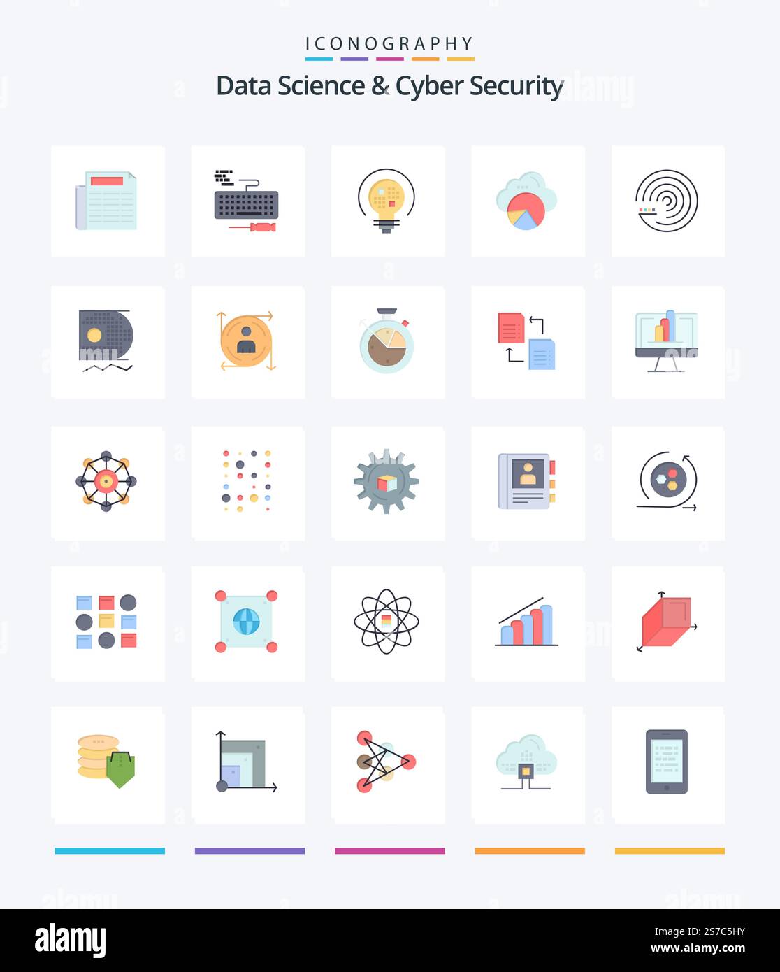 Creative Data Science And Cyber Security 25 Flat icon pack  Such As forecasting model. forecasting. insight. cloud scince. cloud Stock Vector