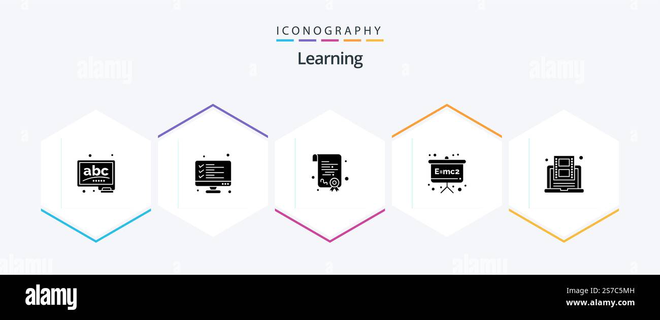 Learning 25 Glyph icon pack including online. education. result. physics formula. board Stock Vector