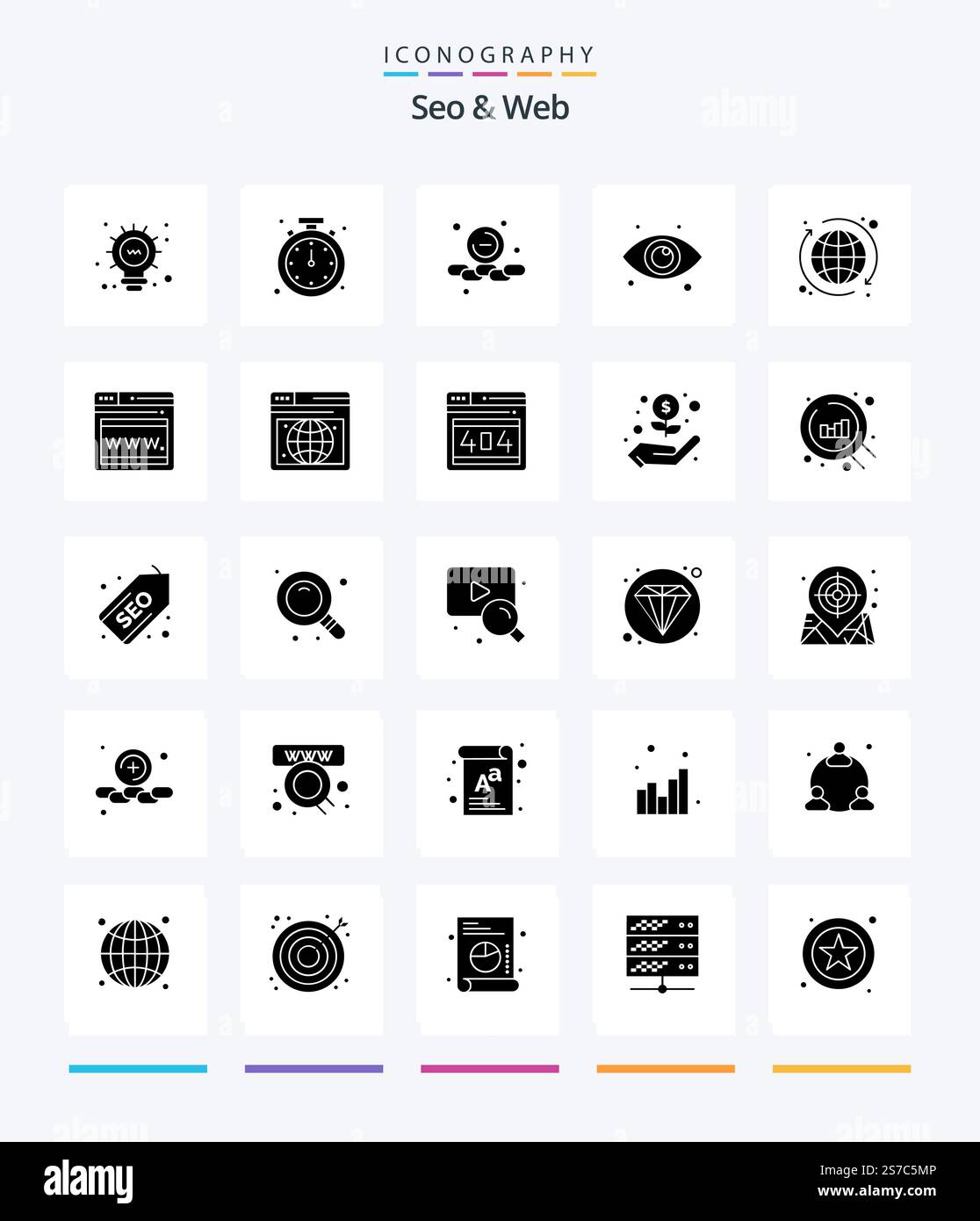 Creative Seo & Web 25 Glyph Solid Black icon pack  Such As globe. web. less. eyes. eye Stock Vector