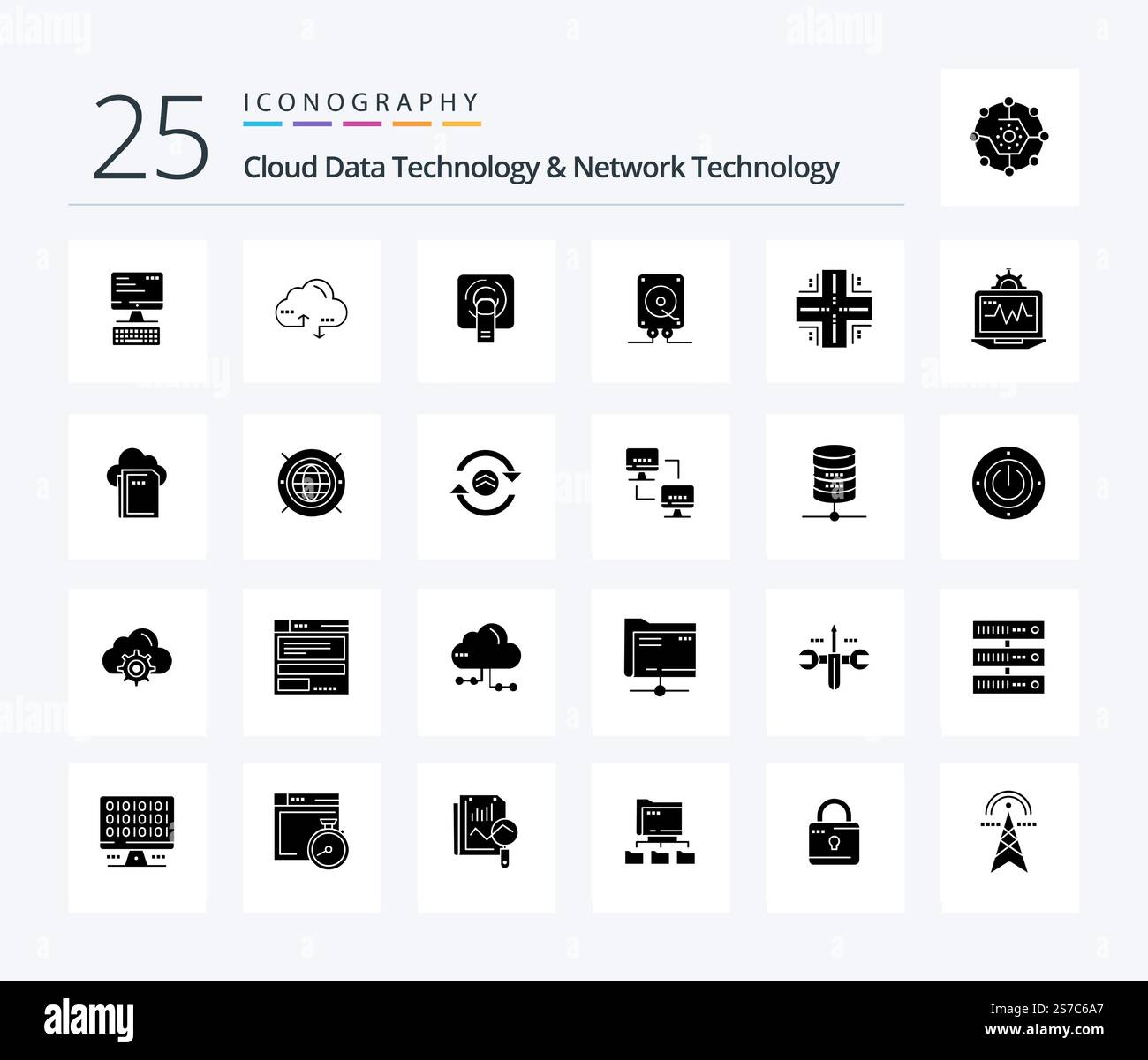 Cloud Data Technology And Network Technology 25 Solid Glyph icon pack including database. play. finger . computing. music Stock Vector