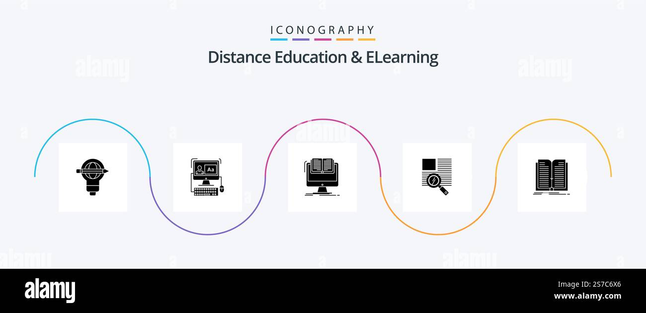 Distance Education And Elearning Glyph 5 Icon Pack Including reading. text. editing. line. cv Stock Vector