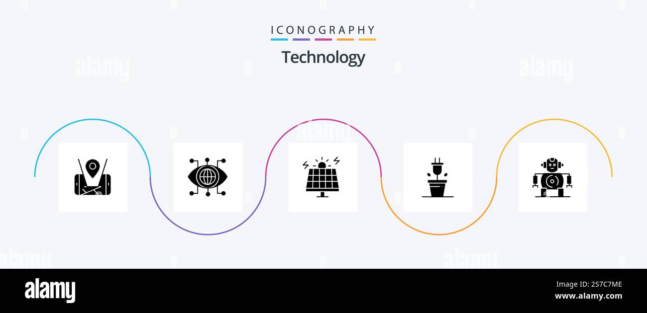 Technology Glyph 5 Icon Pack Including technology. cnc. energy. technology. plug Stock Vector