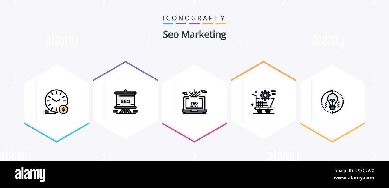 Seo Marketing 25 FilledLine icon pack including setting. cart. analytics. web. setting Stock Vector