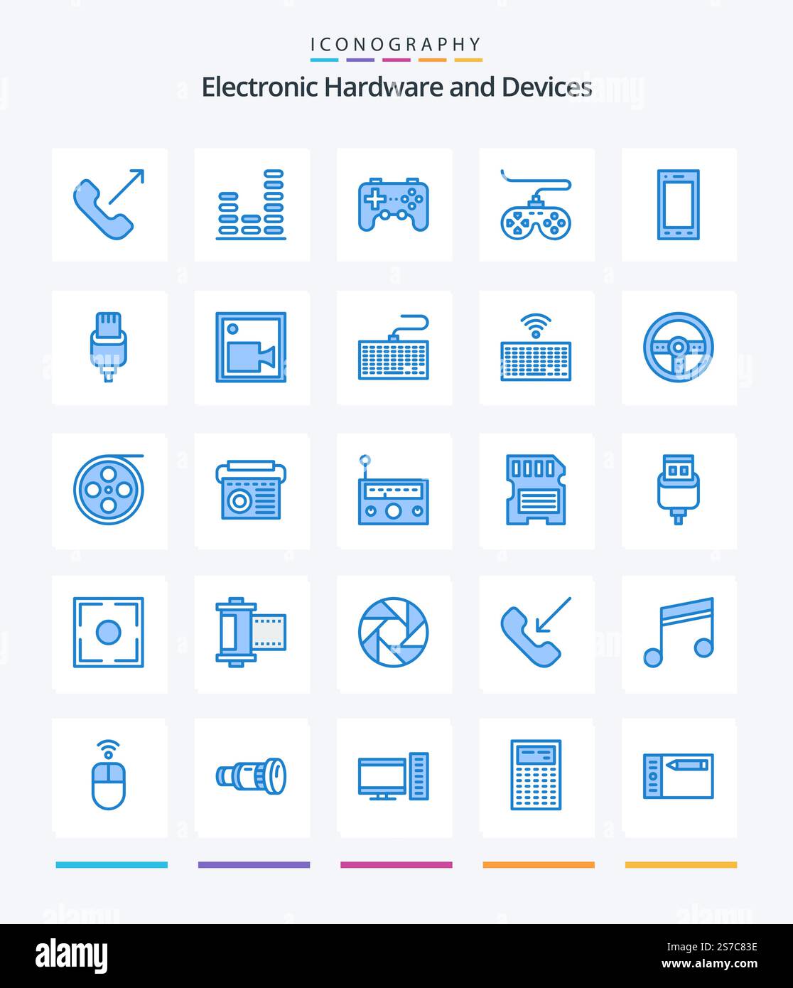 Creative Devices 25 Blue icon pack  Such As charge. tablet. controller. phone. devices Stock Vector