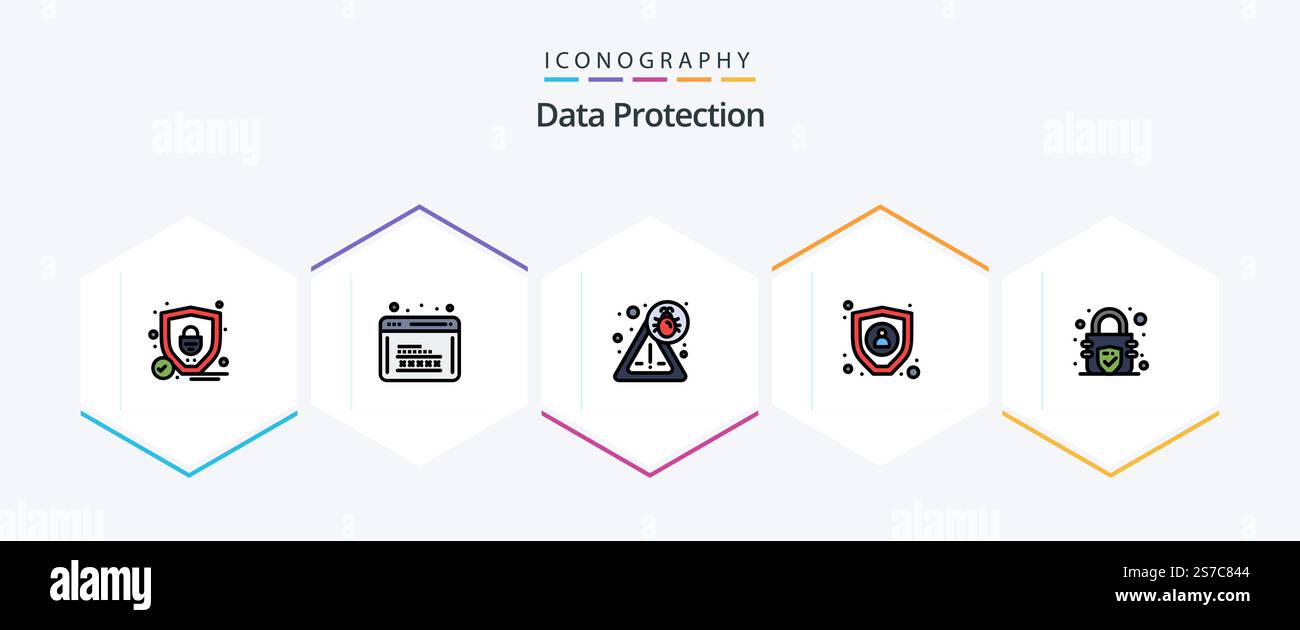 Data Protection 25 FilledLine icon pack including . lock. bug. encryption. encryption Stock Vector