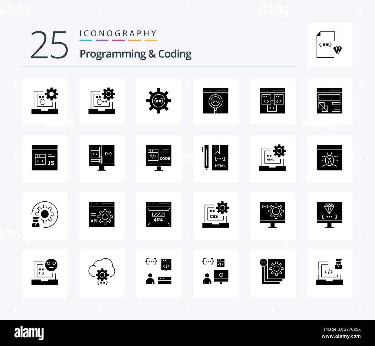 Programming And Coding 25 Solid Glyph icon pack including development. browser. development. development. coding Stock Vector