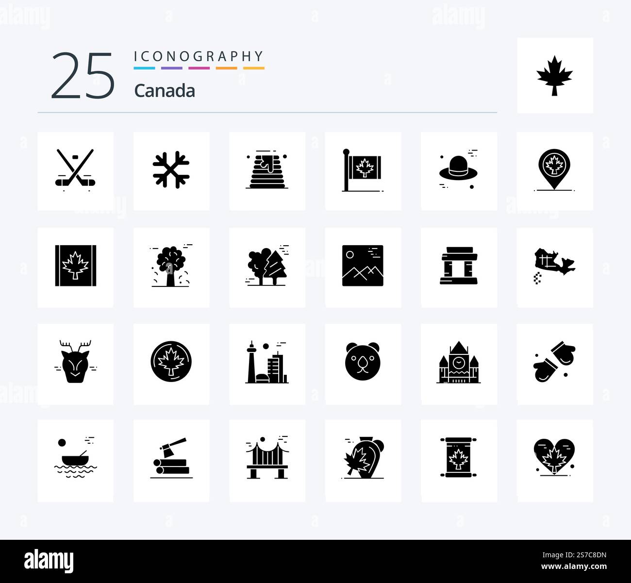Canada 25 Solid Glyph icon pack including maple. canada. canada. autumn. wedding cake Stock Vector