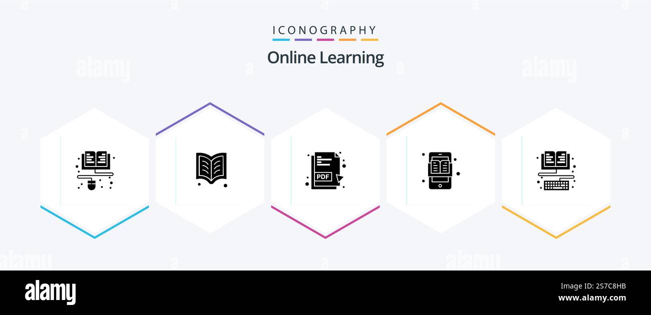 Online Learning 25 Glyph icon pack including education. book. pdf. e-learning. education apps Stock Vector