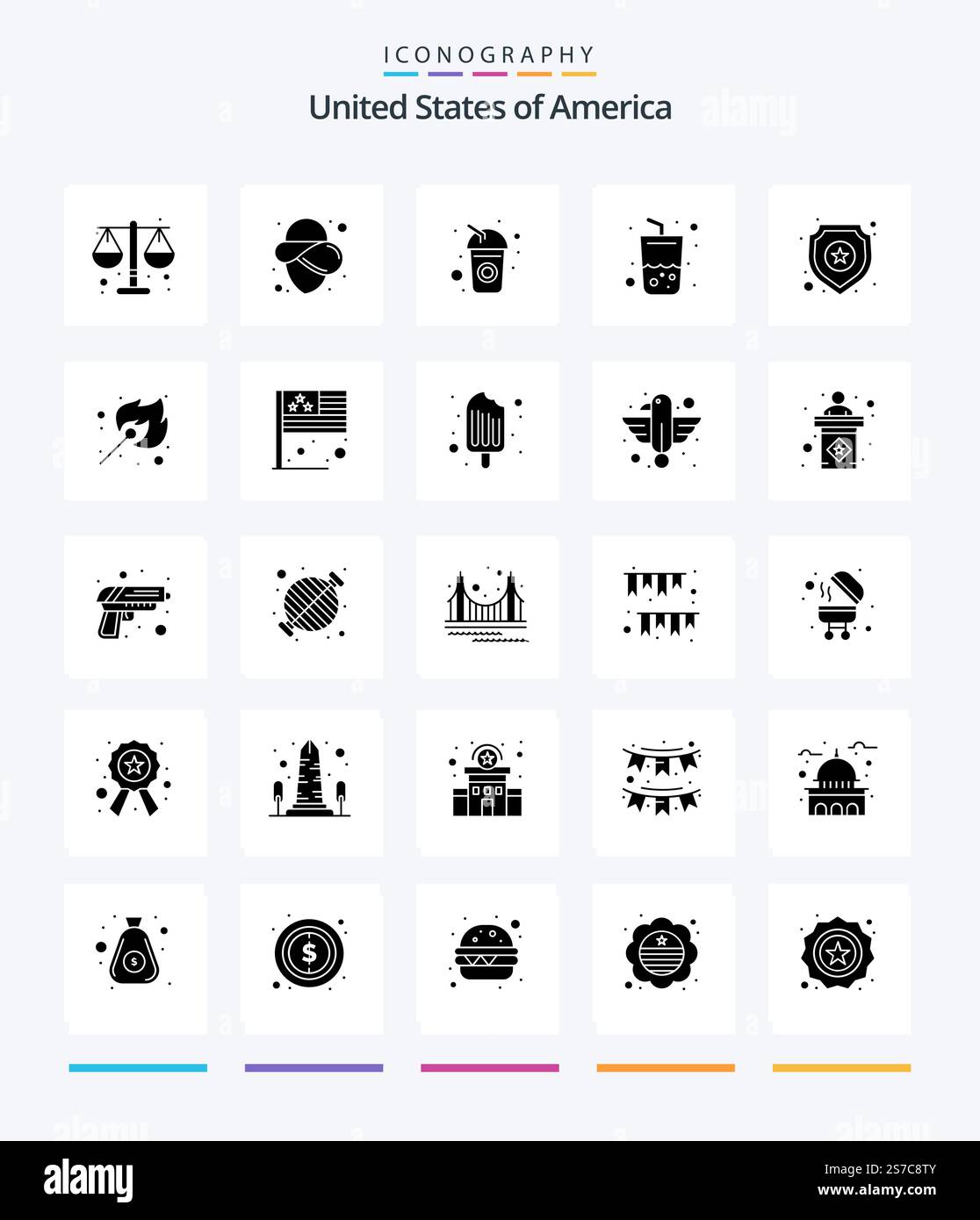 Creative Usa 25 Glyph Solid Black icon pack  Such As star. shield. cola. cola. drink Stock Vector