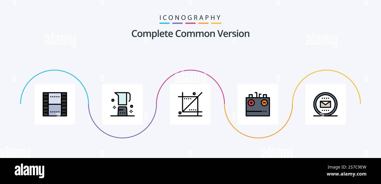 Complete Common Version Line Filled Flat 5 Icon Pack Including charging. battery. maker. tools. graphic Stock Vector
