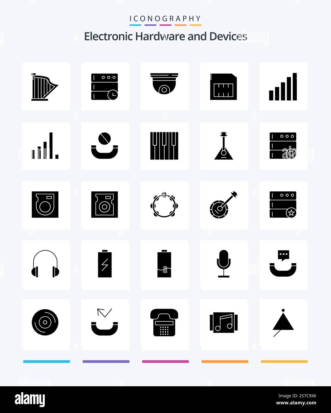 Creative Devices 25 Glyph Solid Black icon pack  Such As phone. sim. cam. mobile. surveillance Stock Vector