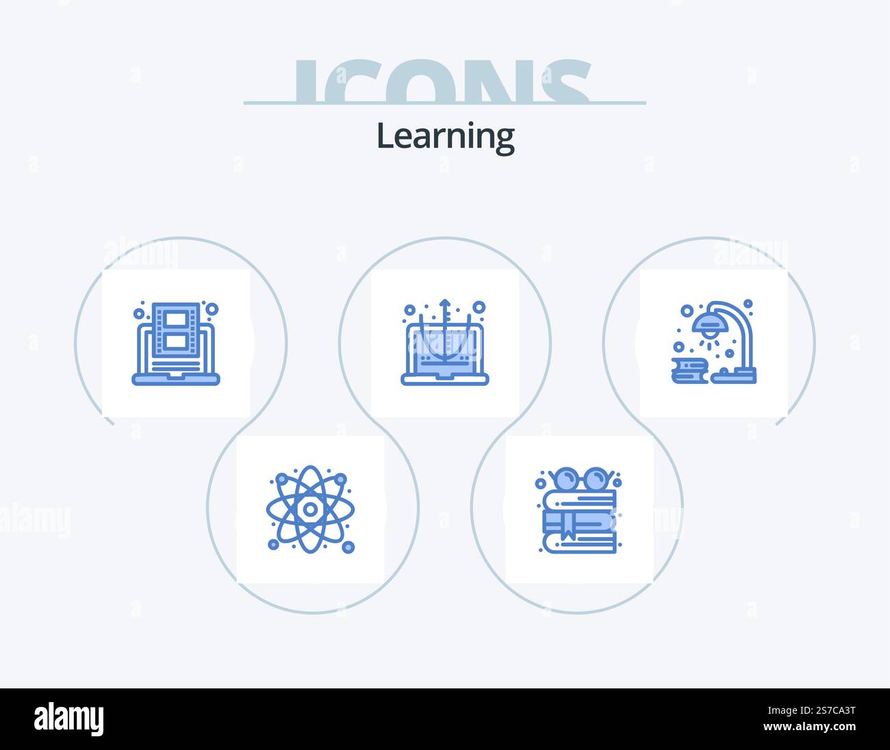 Learning Blue Icon Pack 5 Icon Design. book. education. education. computer. youtube Stock Vector